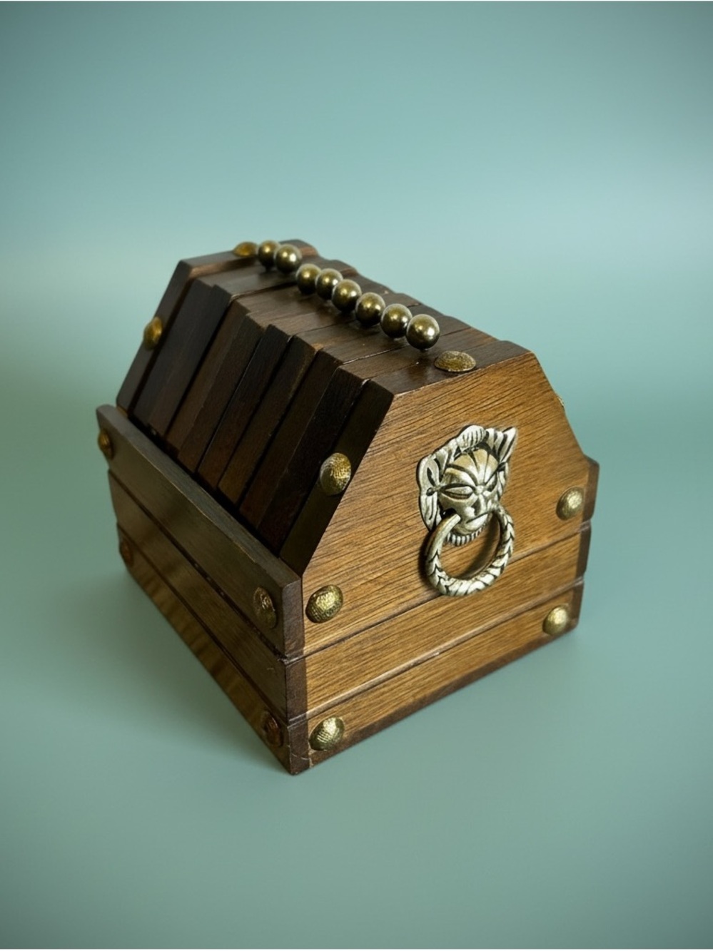 Vintage Wooden Treasure Chest Coaster Set (8 Pcs) Brass Color Lion Detail Cork